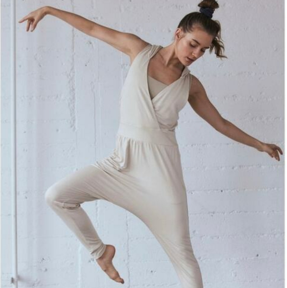 Free People Hooded Harem Second Chance Jersey Onesie Jumpsuit Tan Cream M